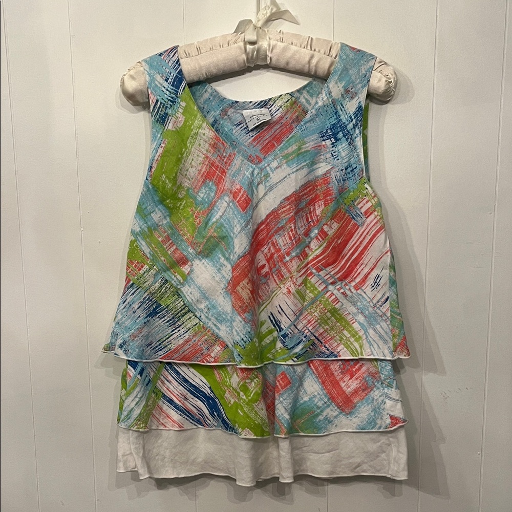Layered V-Neck Tank Top in Multicolor Brushstroke Print 100% Linen